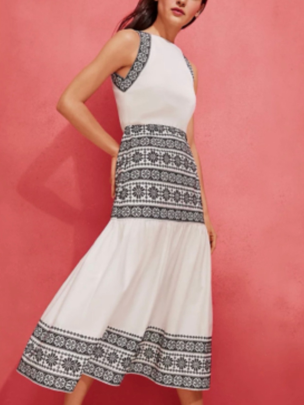 Ann Taylor Embroidered Eyelet Halter Midi Maxi Dress White Black Floral Cotton 4